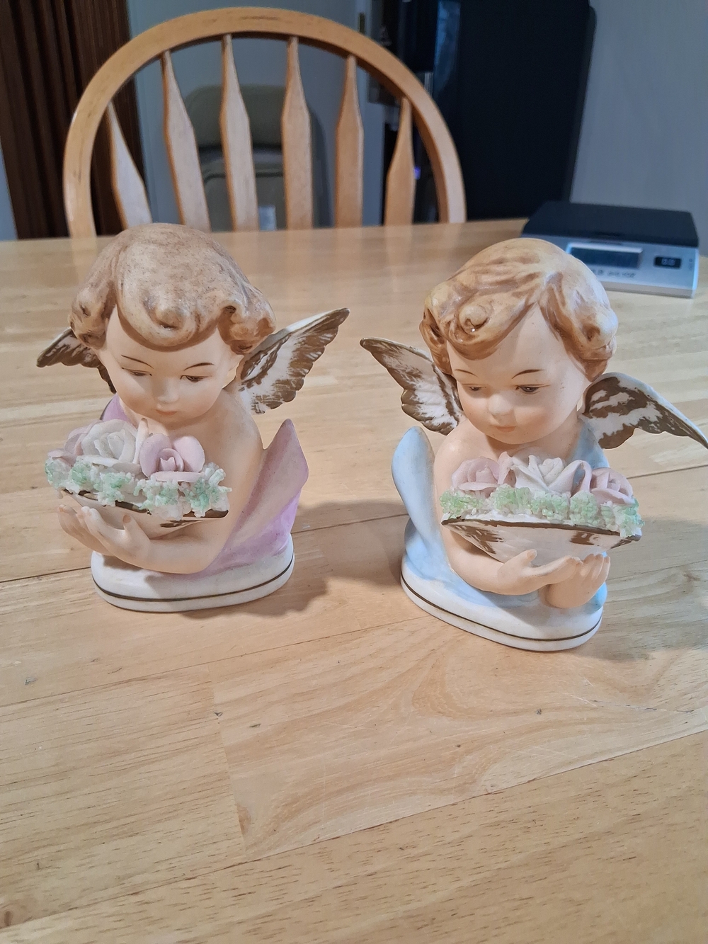 Porcelain Antique Tilso Cherub Figurine Pair in Pink and Blue 5"